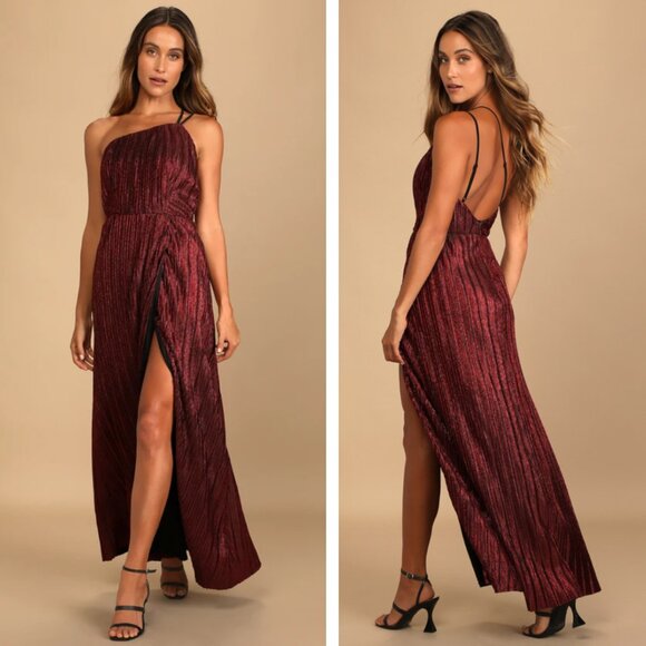 NEW Lulus Get to the Groove Shiny Red Pleated One-Shoulder Maxi Dress Wedding - Picture 1 of 10